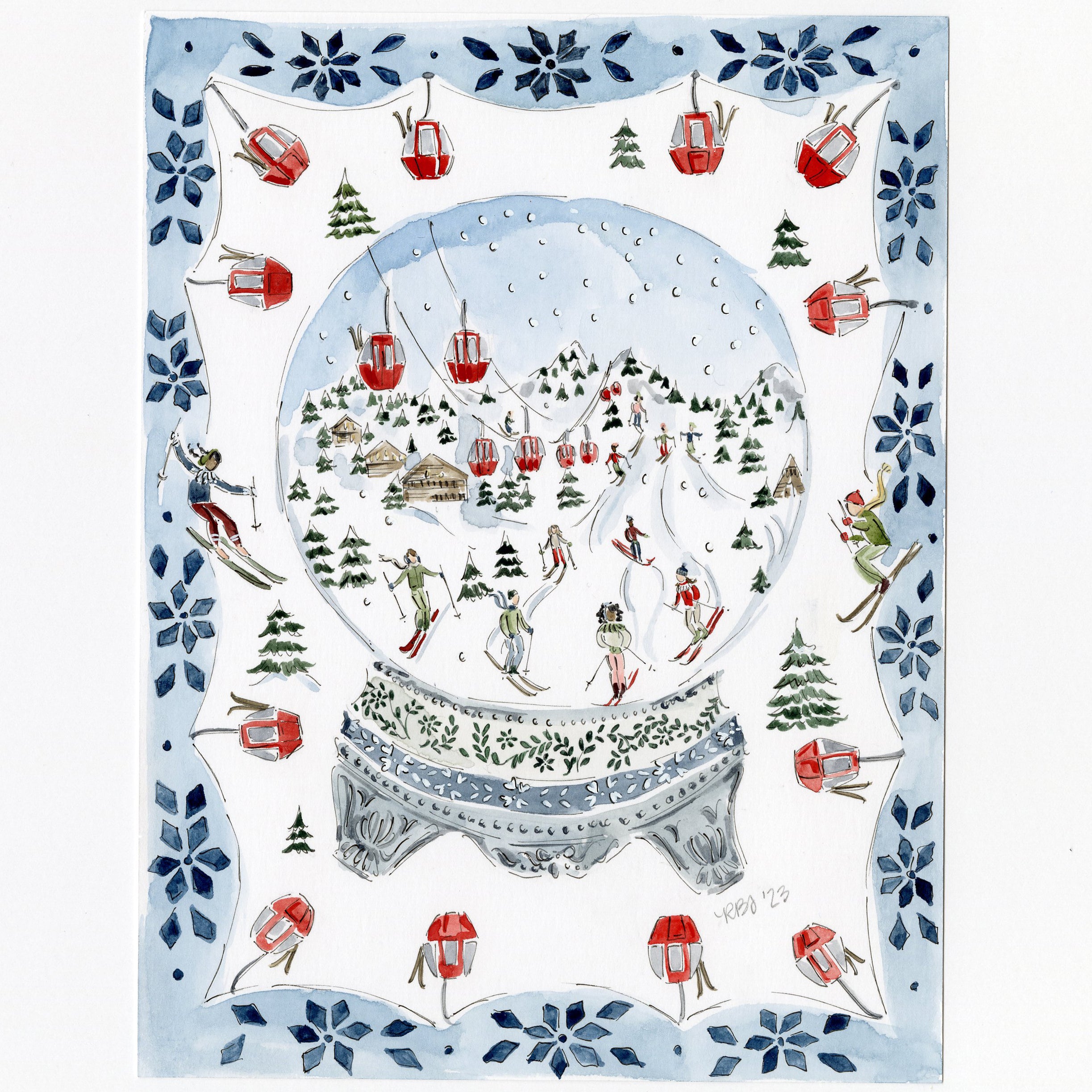 Original Ski Snowglobe Watercolor Painting, 6x8 Riley Sheehey