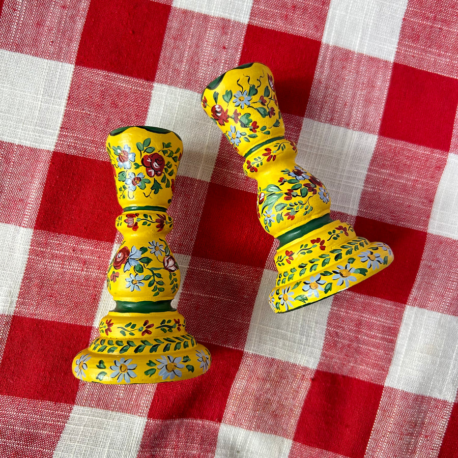 Pair of Hand Painted Wooden Candlesticks