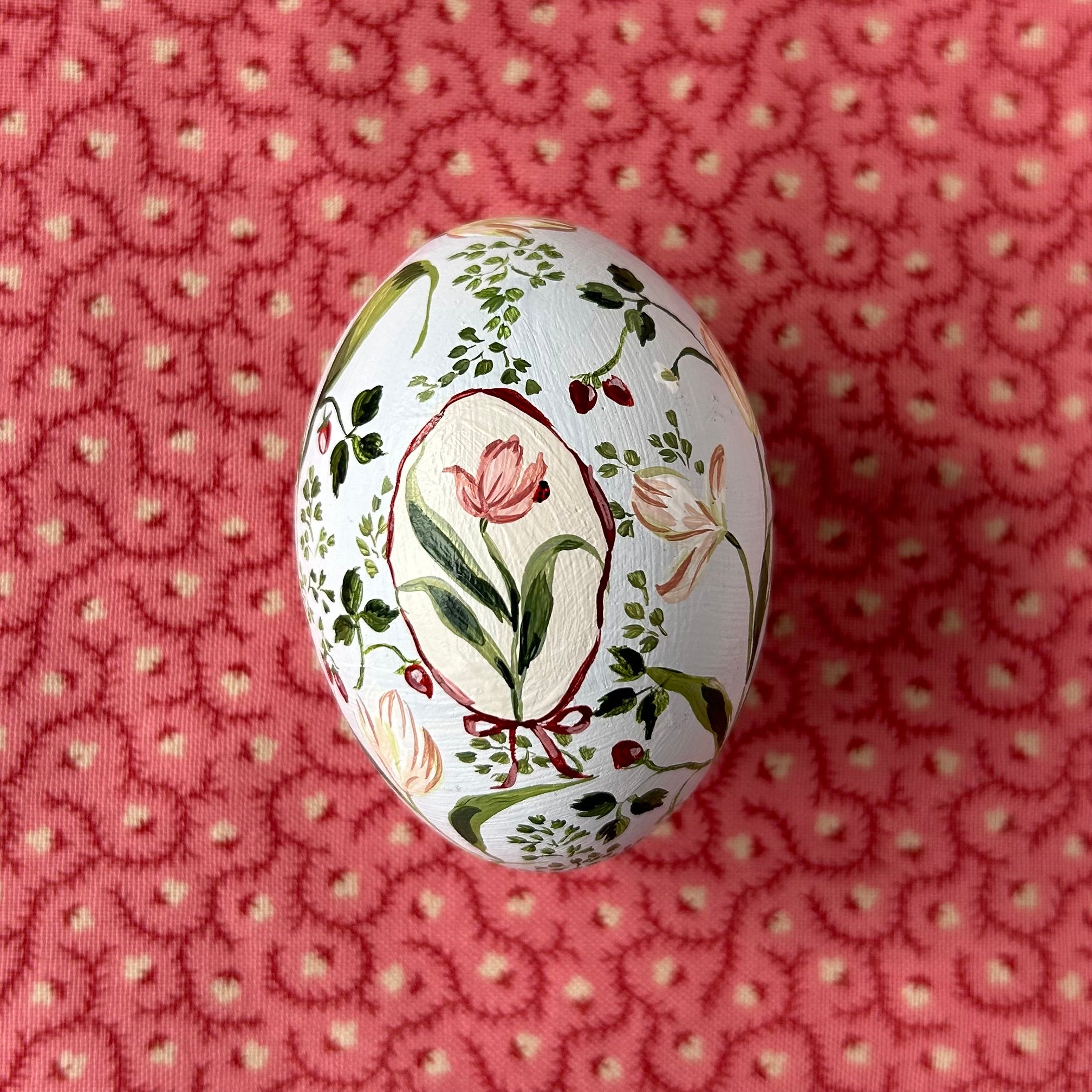 Tulips and Strawberries on Pale Blue Egg