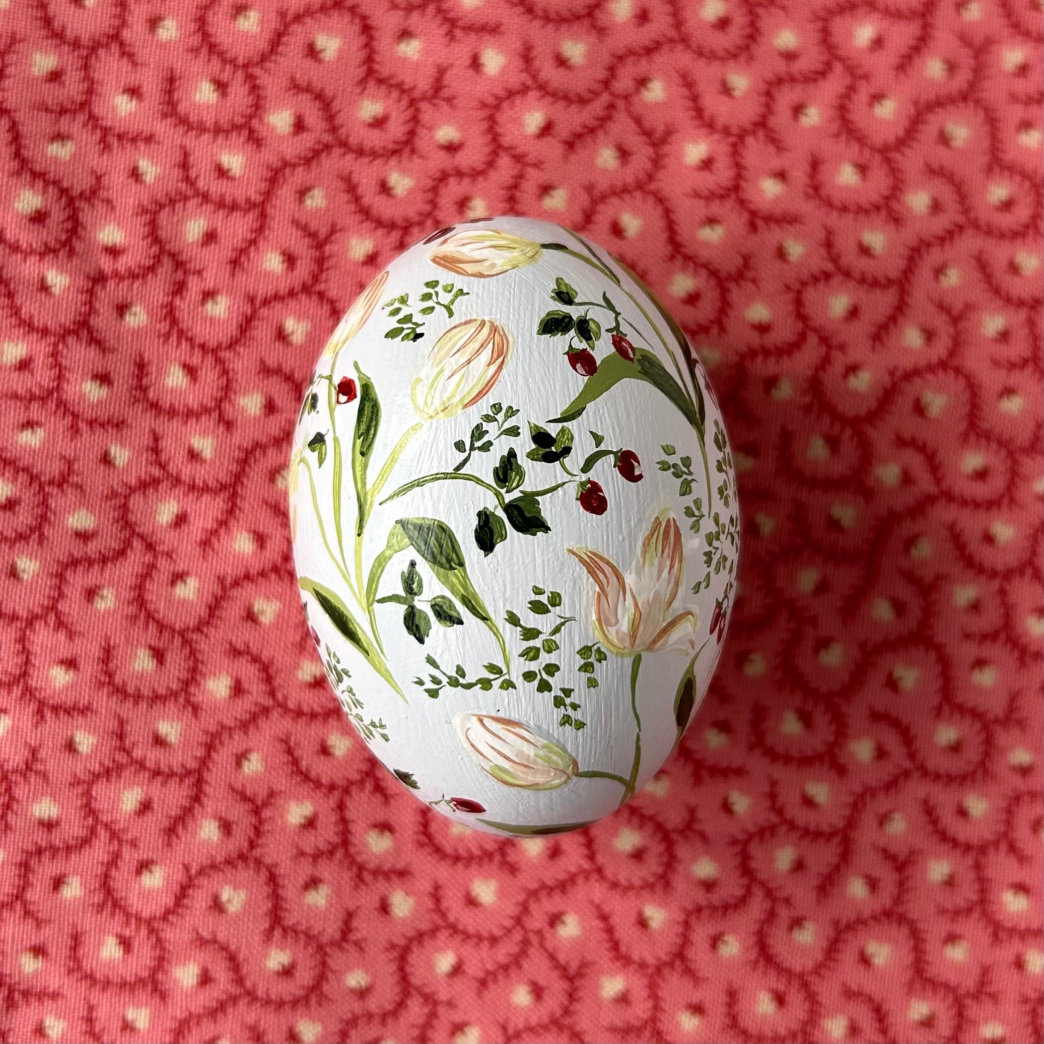 Tulips and Strawberries on Pale Blue Egg